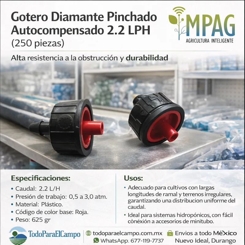 Gotero Diamante Pinchado Autocompensado 2.2 L/h (250 Piezas) — foto 3