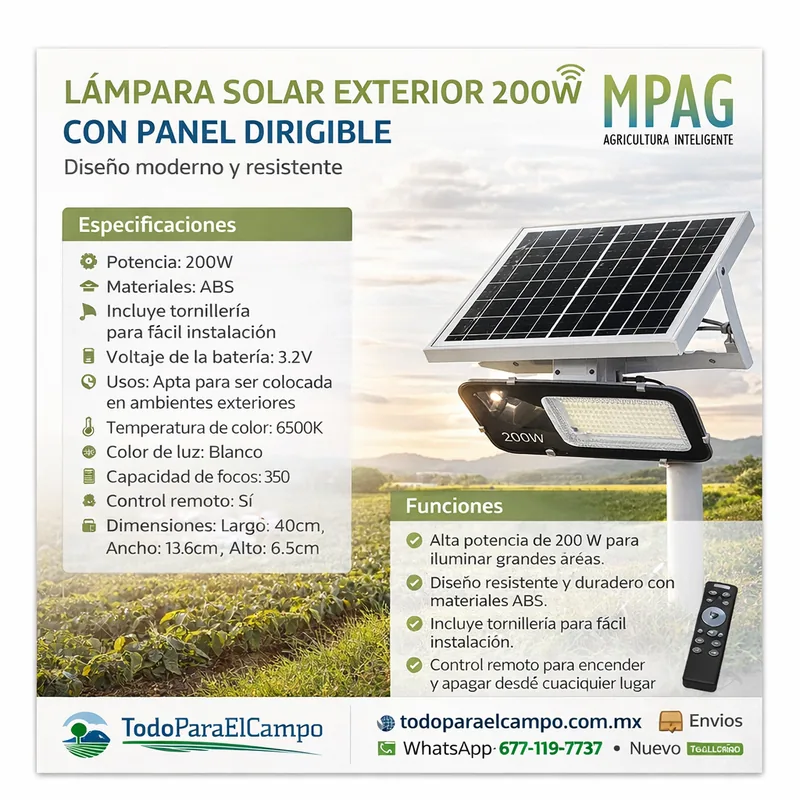 Lámpara Solar Exterior 200W con Panel Dirigible — foto 2