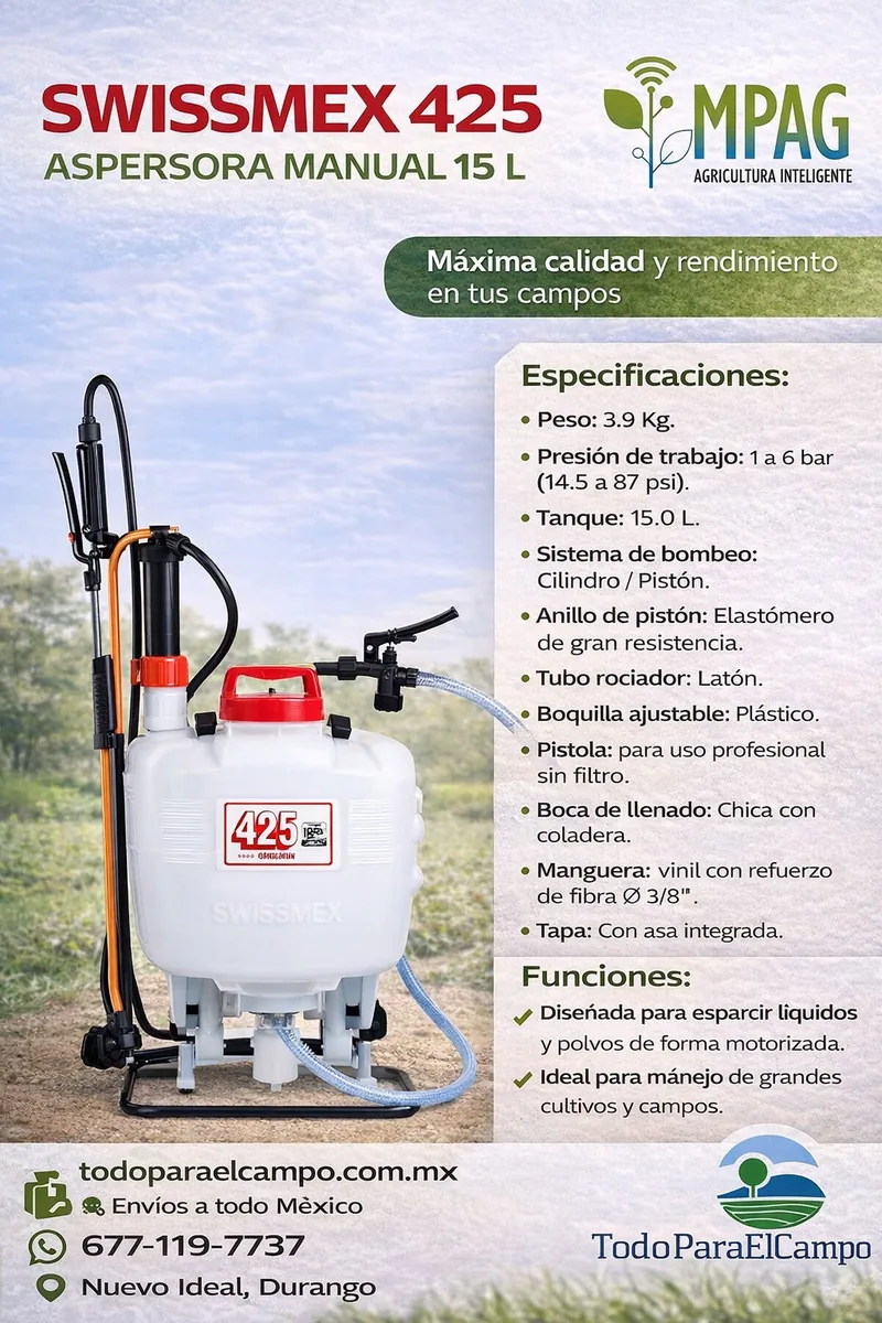 Aspersora Manual Swissmex 15 L con Tubo de Latón (425) — foto 2